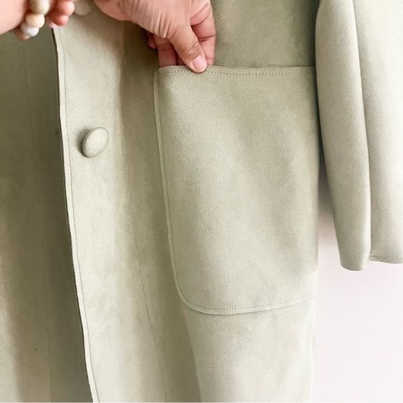 Magaschoni Faux Suede Leather Green Long Jacket Trench Coat Style Small - Picture 8 of 9